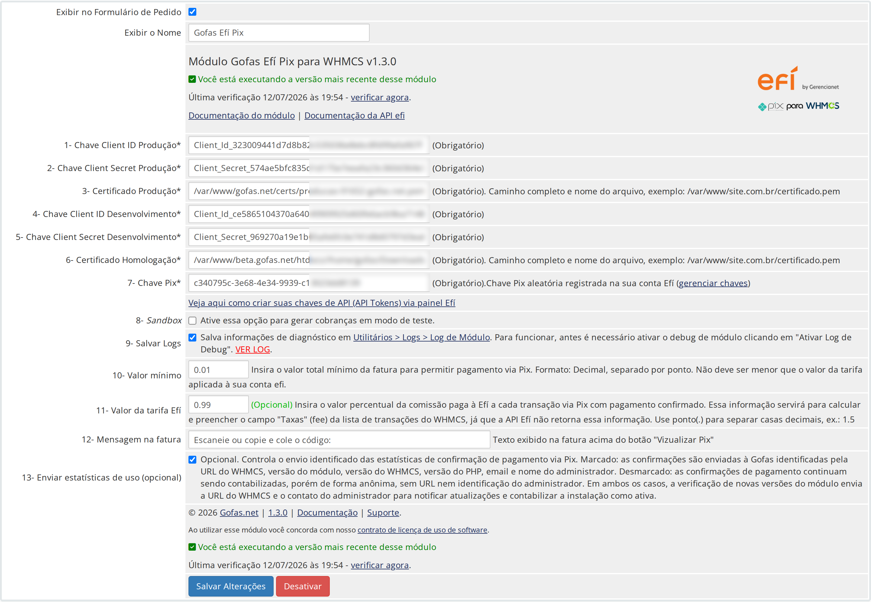 Tela de configuracoes do modulo