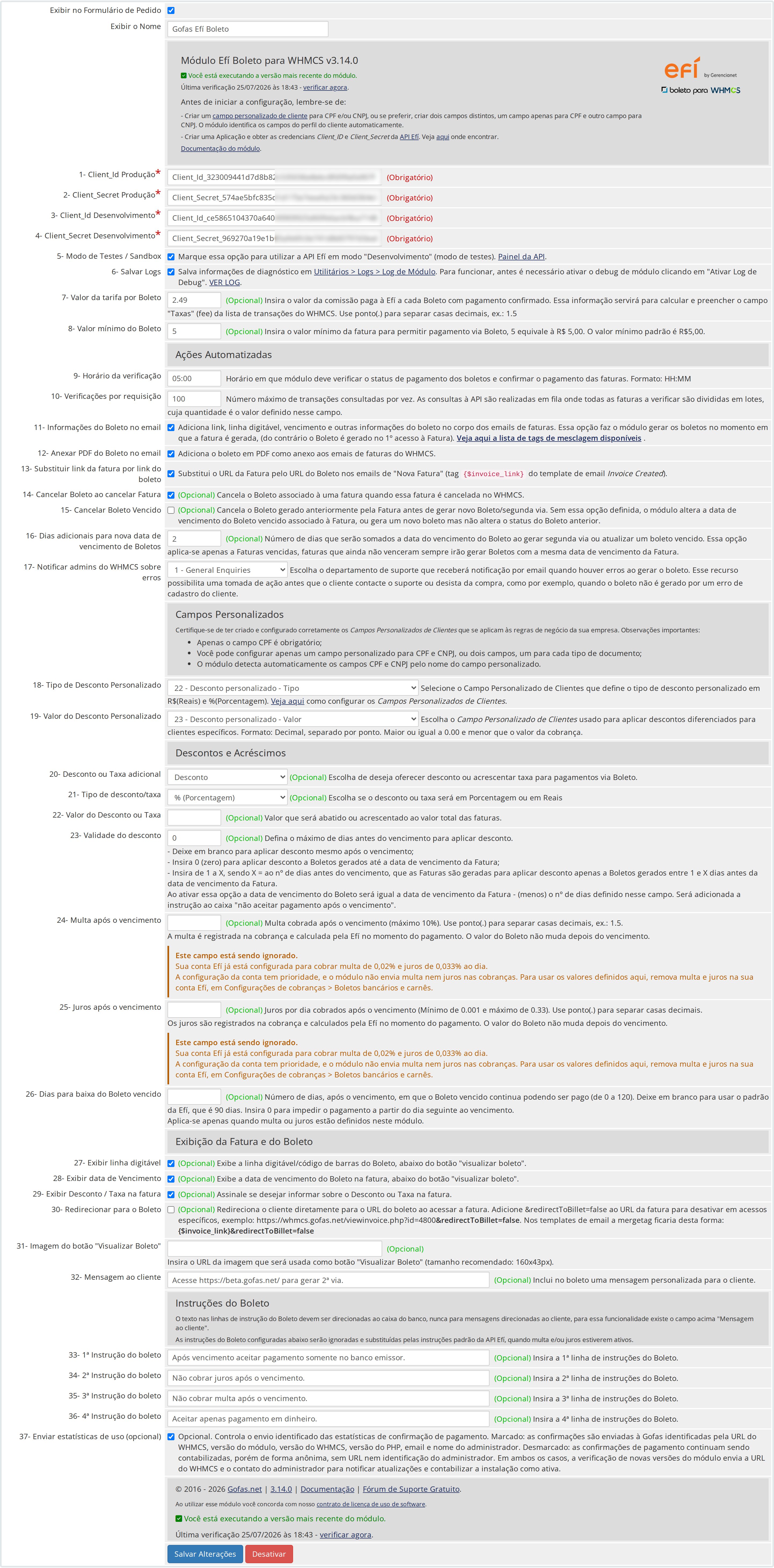 Tela de configuracoes do modulo